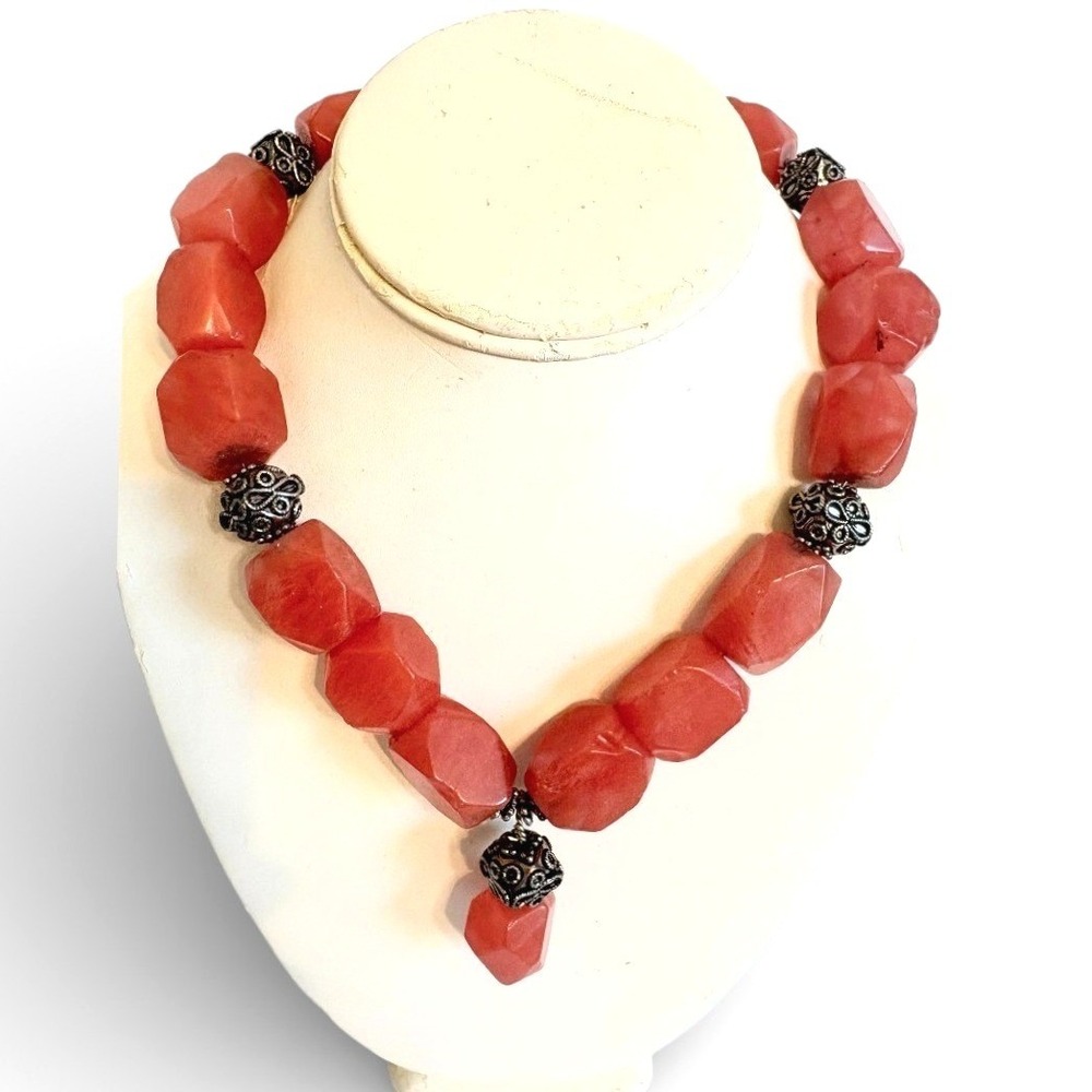 Chunky Gemstone Necklace Red Orange Stones Toggle Clasp Statement Pendant